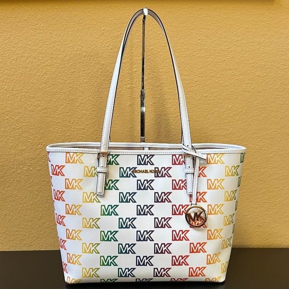 Michael Kors Jet Set Travel Medium Carryall Shoulder Tote Bag MK Rainbow White - Picture 1 of 13